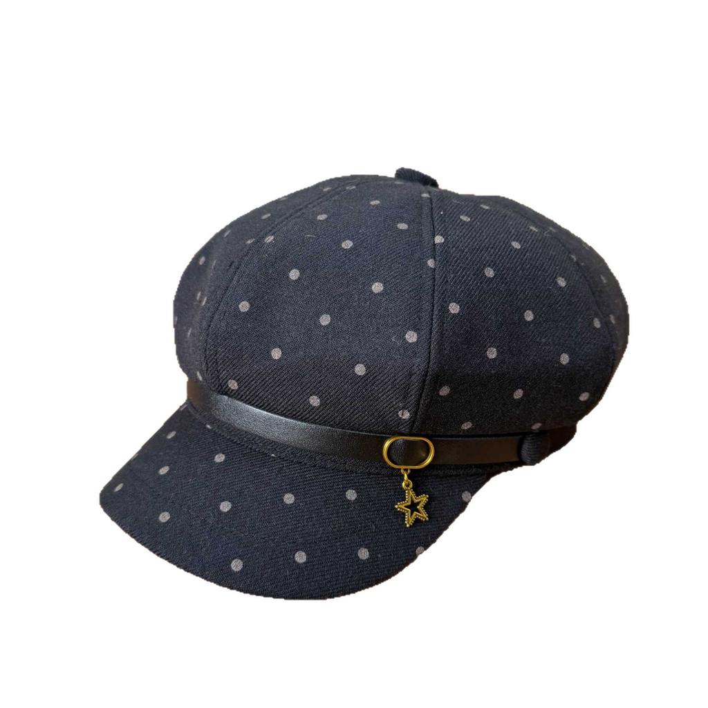 Polka dot octagonal hat, newsboy hat, female star pendant, beret cap, autumn and winter shopping to modify the face shape, temperament hat