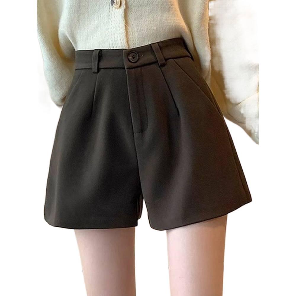 Dámské černé vlněné šortky s vysokým pasem, áčkového střihu a širokými nohavicemi pro jaro, podzim a zimu
