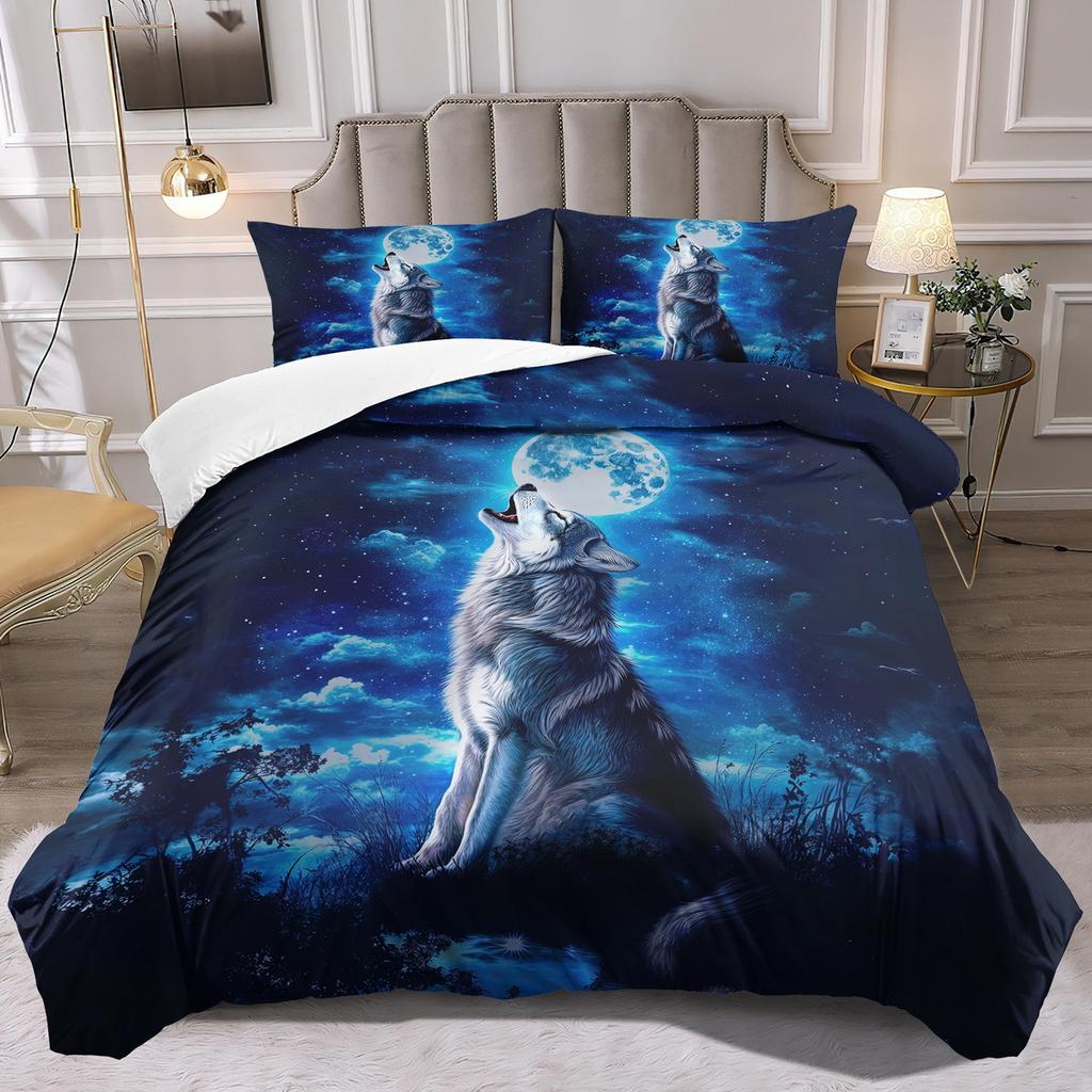 Midnight Lone Wolf Bedding Set Collection, Ultra-Soft Breathable Printed Duvet Cover Set With Pillowcases For Bedroom