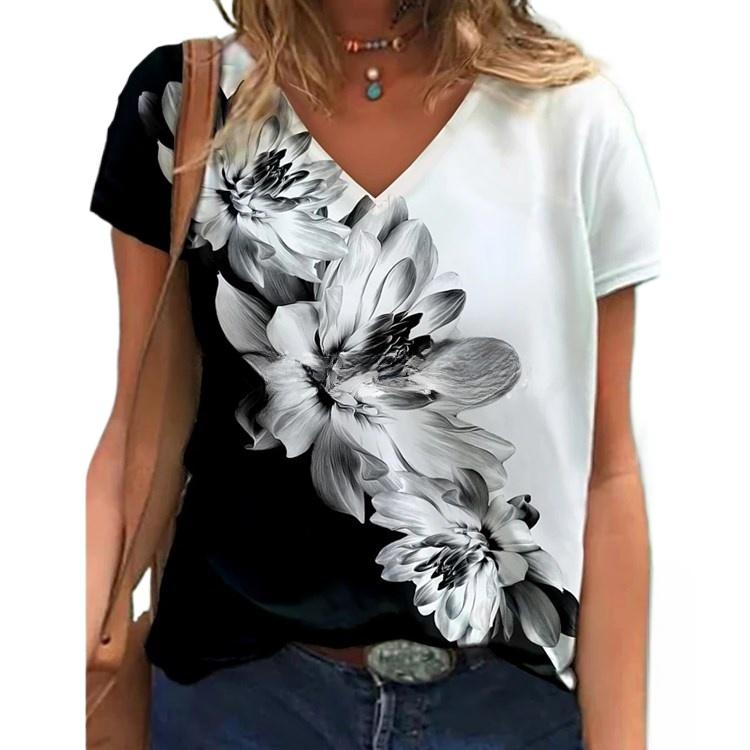 IHUASU Women's Pullover Round Neck Abstract Retro Print Street Short Sleeve Multicolour Loose Fit V-Neck T-Shirt