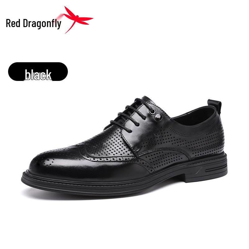 2026 Red Dragonfly Men's Brogue Leather Formal Shoes with Velvet, Genuine Leather, Perforated Design, Ideal for Weddings and Business.