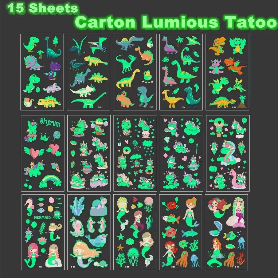 15 Sheets Carton Tatoo Kids Play Temporary Tatoo Sticker for Childrens Body Art Mermaid Sticker Glow Paste on Face Arm