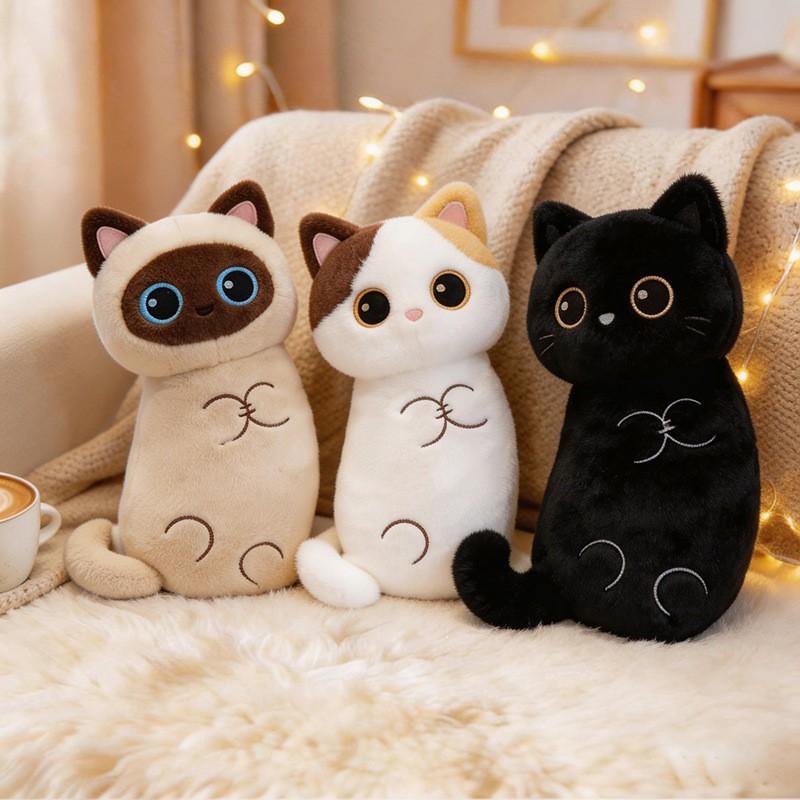 Soft Plush Cat Pillow Sleeping Hugging Decorative Stuffed Animal Toy Black Siamese Calico Kitten Cushion Bed Sofa