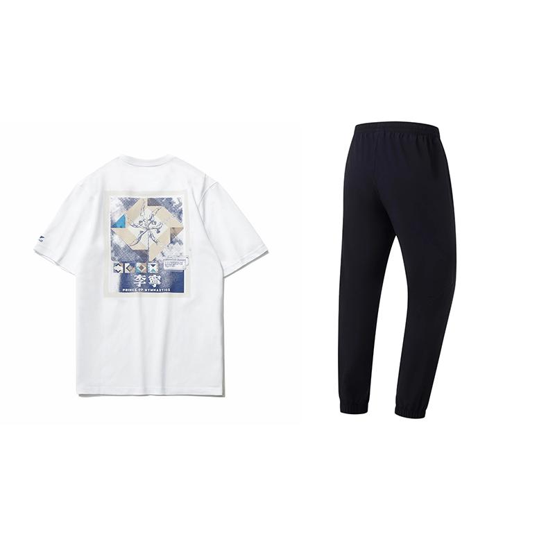 Li Ning Logo Litera Nadruk Wiatrak Krótki Rękaw Top Szybkoschnący Elastyczny Spodnie z Prostą Nogawką Casualowy Strój Sportowy Strój Unisex AHSU971-2+AYKU835-1