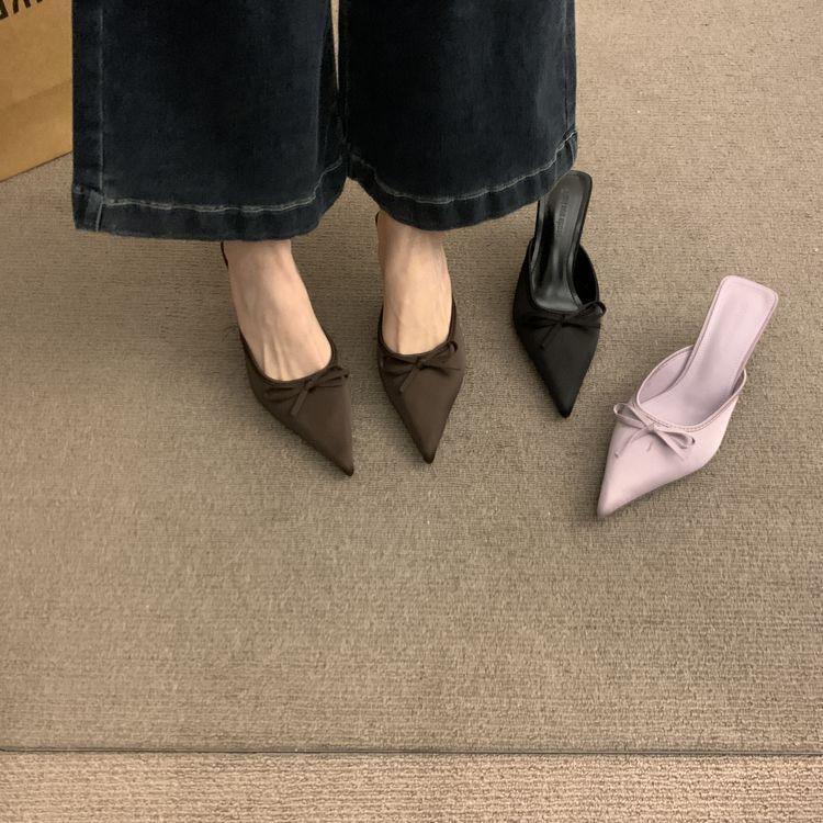 French Bow Pointed Head Stiletto Slippers Women's Early Spring New Bag Head Half Slippers Temperament Wearing Sexy High Heels