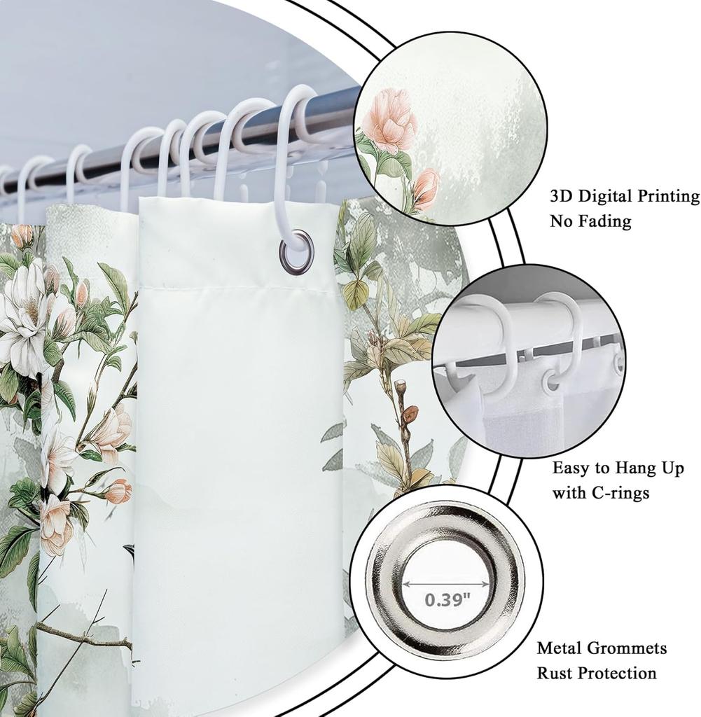 Cortina de Ducha Floral con Pájaros Vintage, Estampado de Peonías Estilo Asiático, Poliéster Impermeable Decoración de Baño