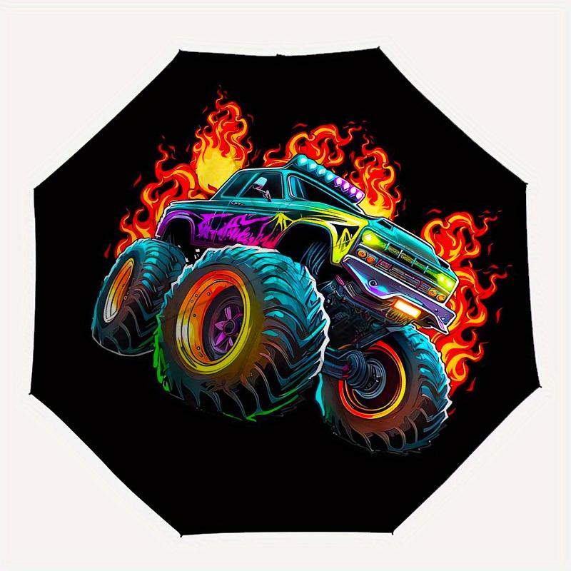 1 Stück Monster Truck Flammen Aufkleber Schirm mit Kunststoffgriff, Geeignet für Alle Jahreszeiten Zuhause Reisen Outdoor SchirmM1057