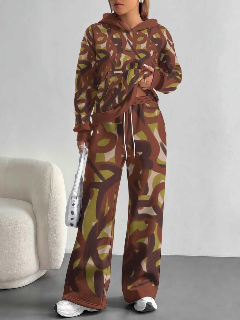 Outdoor Camouflage Style European and American Autumn/winter Casual Long-sleeve Set, Women's Hooded Sweatshirt and Long Pants Two-piece Set