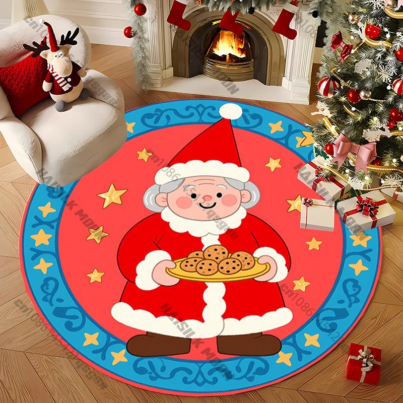 Christmas Cute Cartoon Santa Claus Wreath Printed Round Rug, Chair Carpet, Kids Playing Mat Living Room Bedroom Rug,Doormat Gift