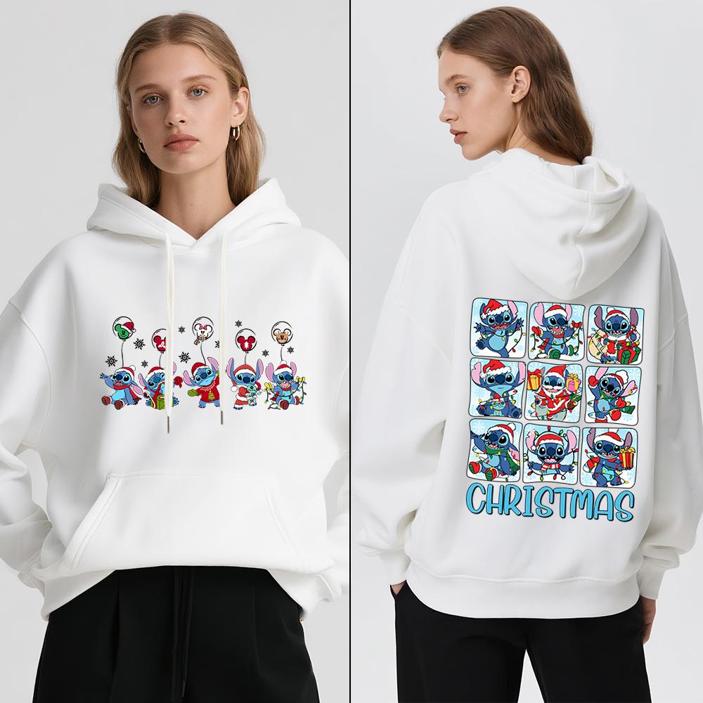 Disney Stitch Christmas Print Women Fleece Hoodie Winter Warm Pullover Casual Holiday Travel Party Outfit Soft Cozy Sweatshirt