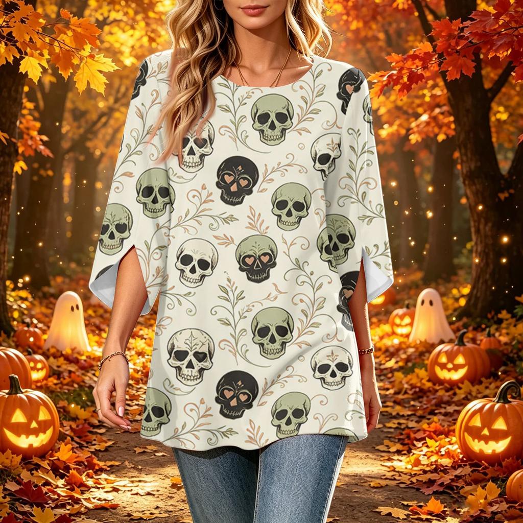 Women's Halloween Print Casual Loose Fit Three-Quarter Sleeve Round Neck Top