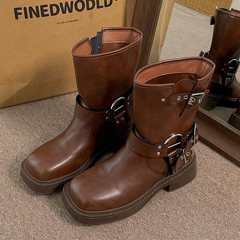 Fashion Vintage Women Western Cowboy Boots Fashion Belt Buckle Autumn Winter Shoes Female Slip On Low Heel Knight Booties