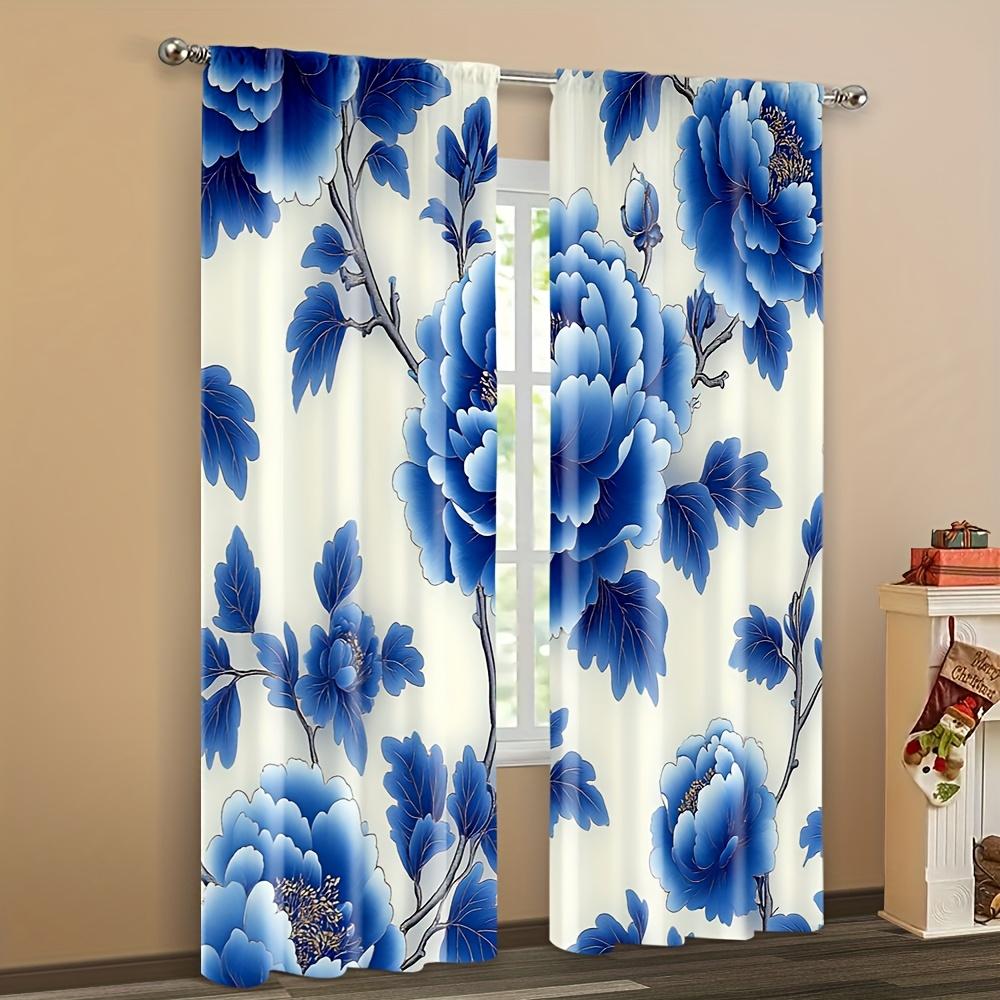 Set Of 2 Window Curtains Blue White Flowers Versatile Fabric Without Electricity Carnival Decor Curtain Made Polyester