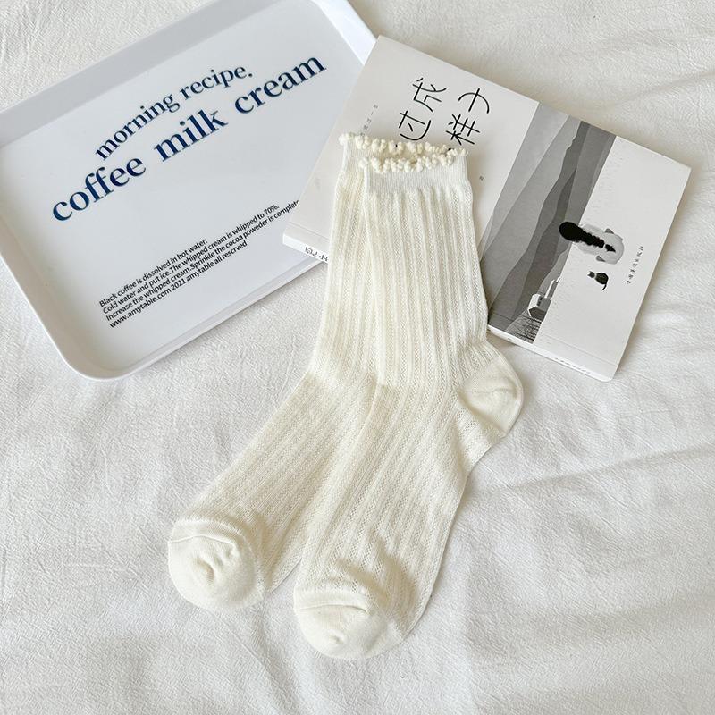 

Женские весенне-летние тонкие носки-гольфы из чистого хлопка с кружевом-фестонами и сеткой, дышащие 1 pair молочный белый