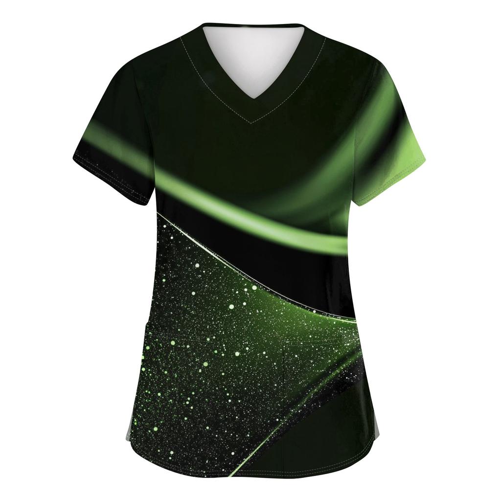 Damen Modisches bedrucktes kurzärmliges Oberteil mit V-Ausschnitt und kleiner Tasche für die Arbeit