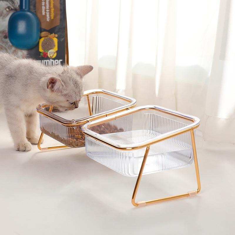 Professional Cat Double Bowl New with Stand and Mat Pet Kitten Puppy Transparent Food Feeding Dish Metal Elevated Water Feeder Dog Supplies