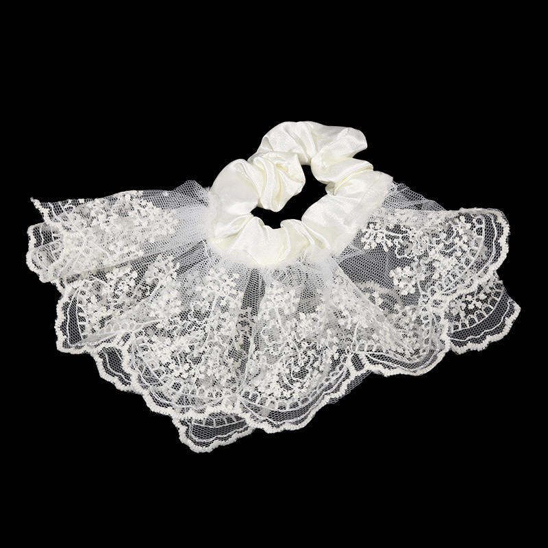 Sweet Double Layered Lace Flower Hair Scrunchies For Women Long Ribbon Bow Tie Girls Big Ruffles Bands Accessorie