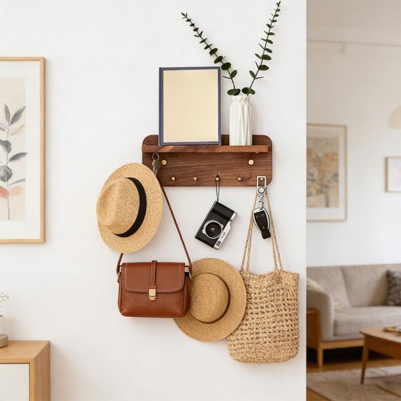 Elegant Brass Key Rack With 6 Metal Rings And Wooden Storage Shelf For Home Use