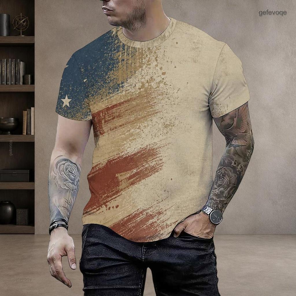 Men Plus Size Round Neck Short Sleeve American Flag Printed Casual T Shirt