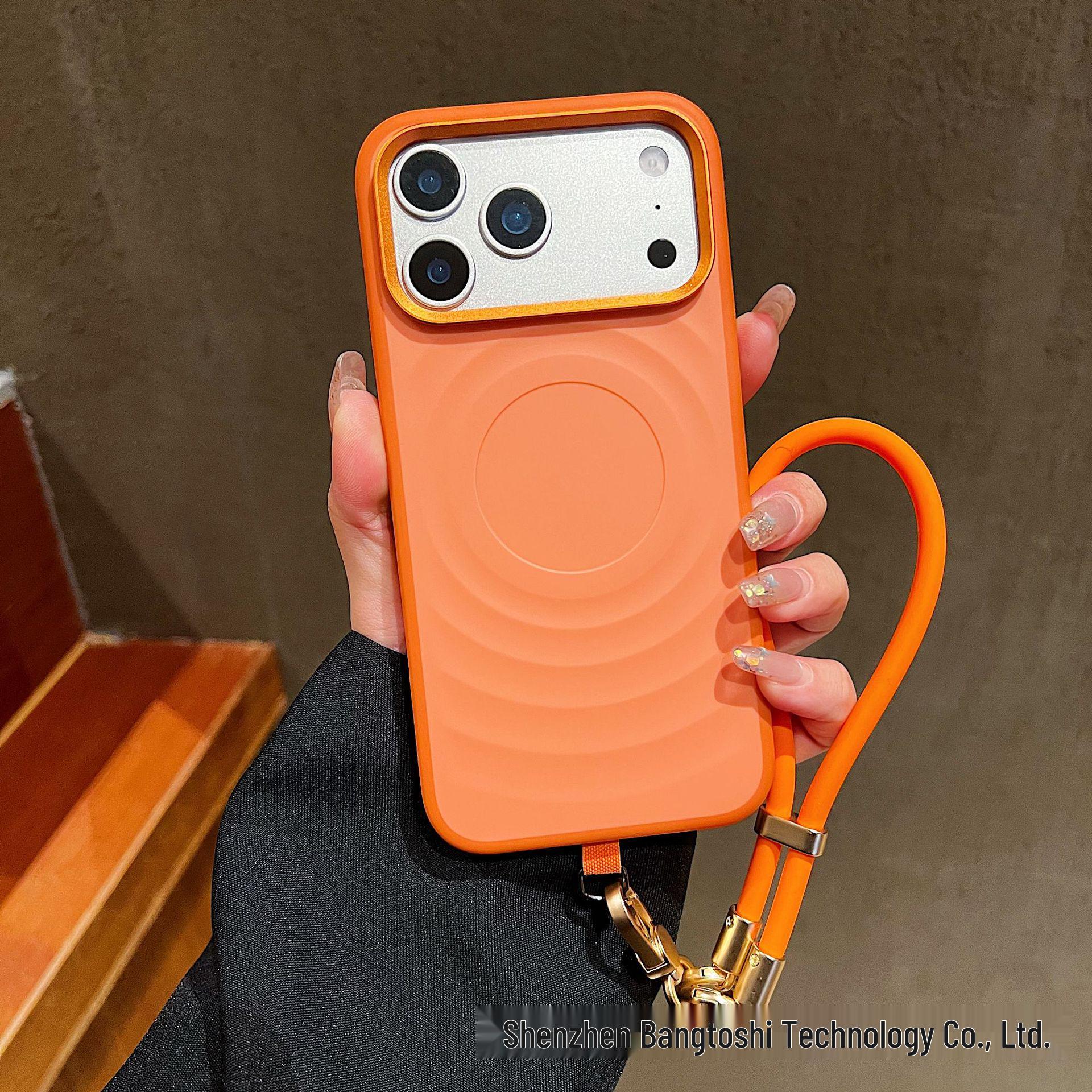 

Starry Pattern iPhone 17 Pro Max Case with Lanyard - Solid Color Ripple Design Short Braided Lanyard оранжевый