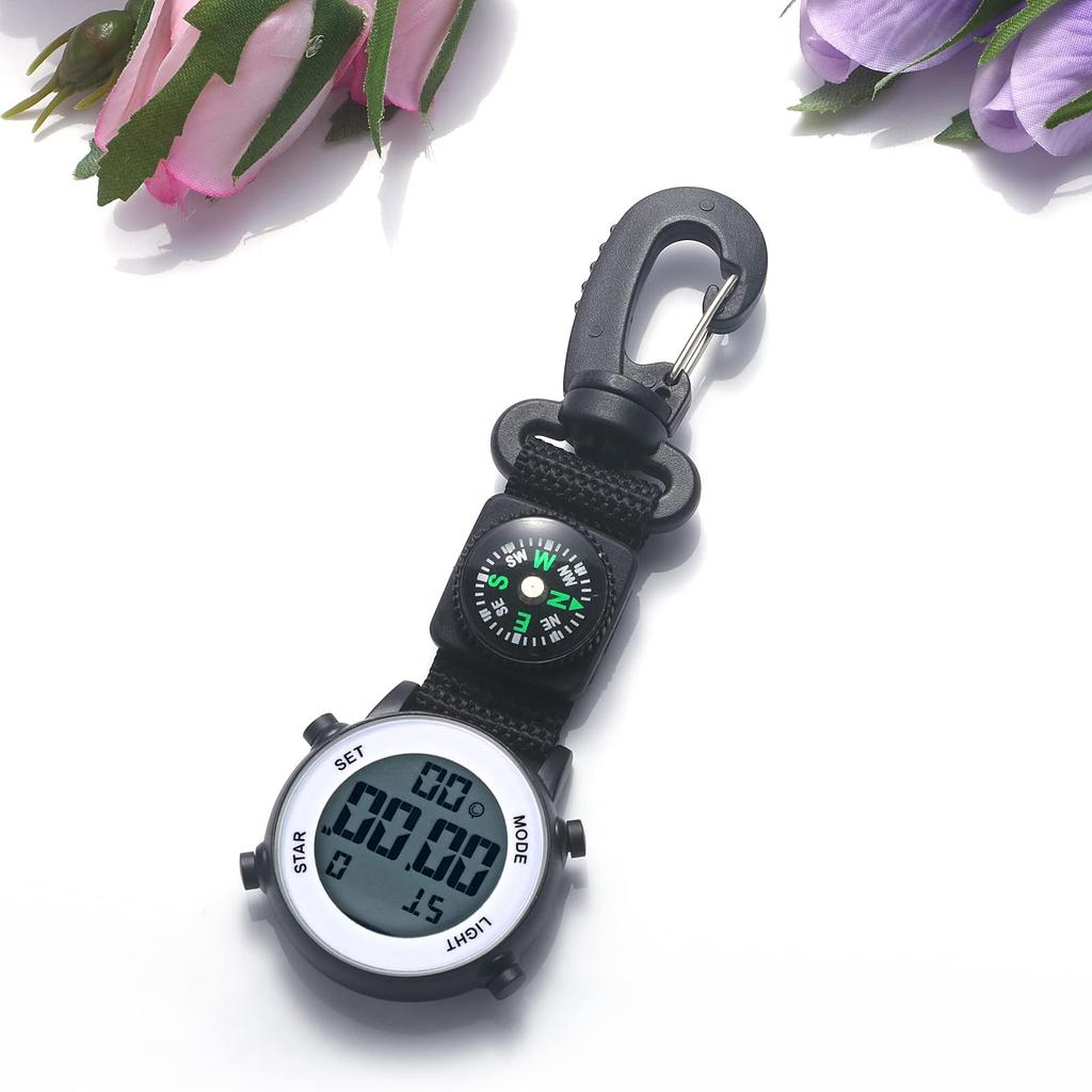 Clip Watch Digital Keychain Carabiner Watch Day Calendar Alarm Clock Compass LED Pocket Watch Nurse Watch 3ATM Waterproof Outdoor Fashion Accessory