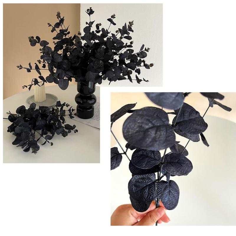 1/10/12Pcs Artificial Leaf Branch, 34cm Artificial Plant Black Leaves for Halloween Party Centerpieces, Home Decoration