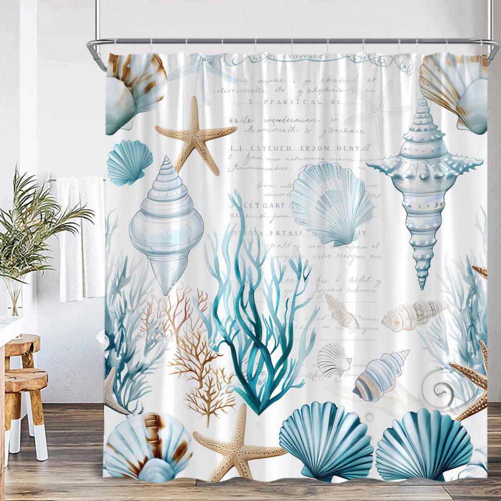 Nautical Sea Blue Shower Curtain Seashell Coral Seafish Seaweed Rudder Conch Ocean Bathroom Decoration Polyester Bathtub Curtain