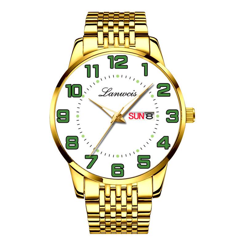 Men's Large Dial Digital Quartz Watch, Steel Band, Dual Calendar In English & Chinese, Waterproof - Ideal for Seniors