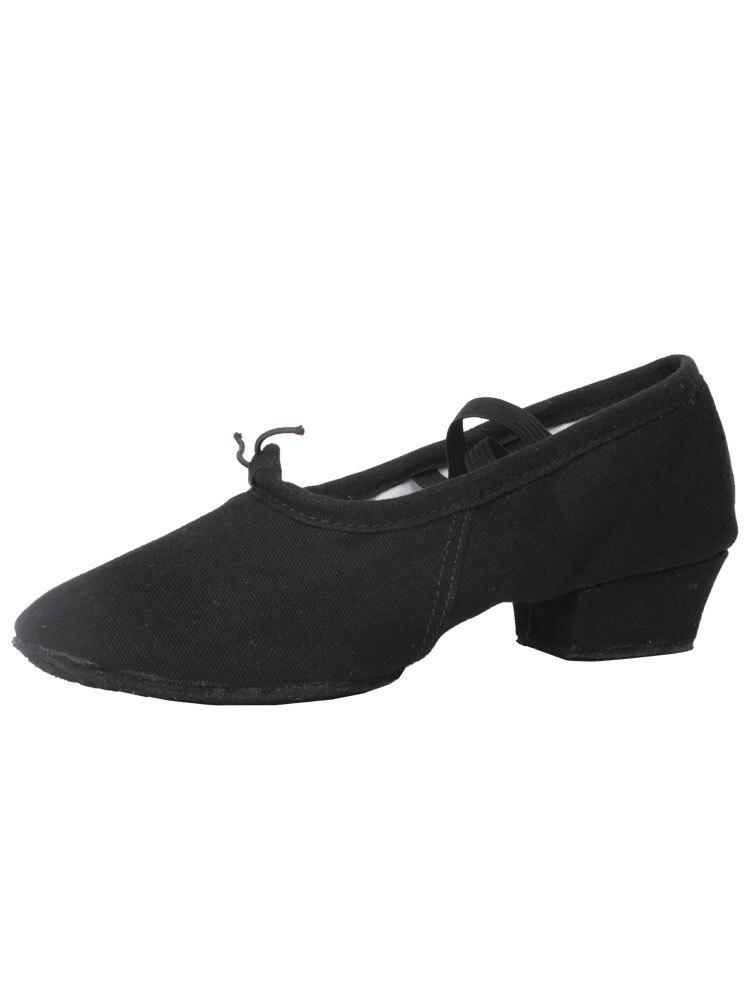 Women's Adult Soft Sole Canvas Dance Shoes with Heel - Black Ballet Practice Shoes