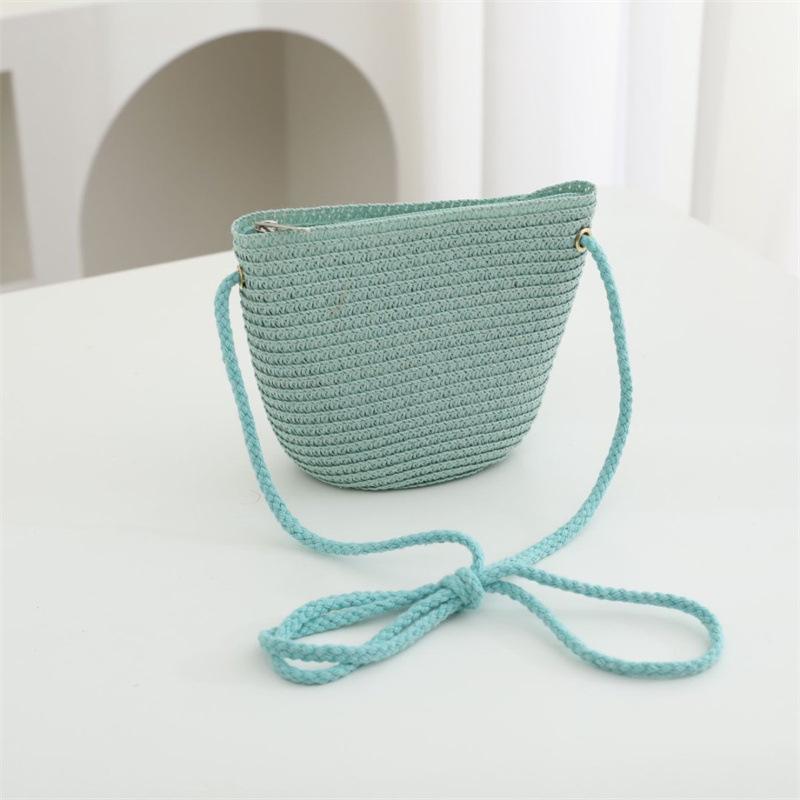 Summer Solid Color Straw Bag Shoulder Messenger Round Bag Children Versatile Outing Beach Bag Light Board DIY Round Weaving