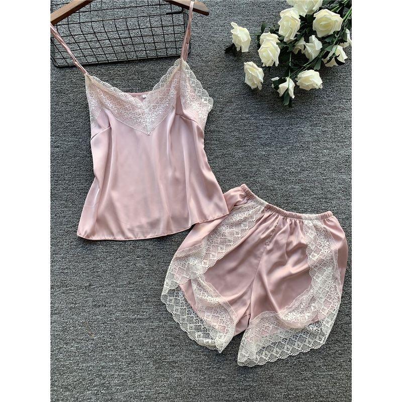 

Summer Suspender Pajamas Female Lace Suit Sling Lace Two-piece Set Pink (1520) XL
