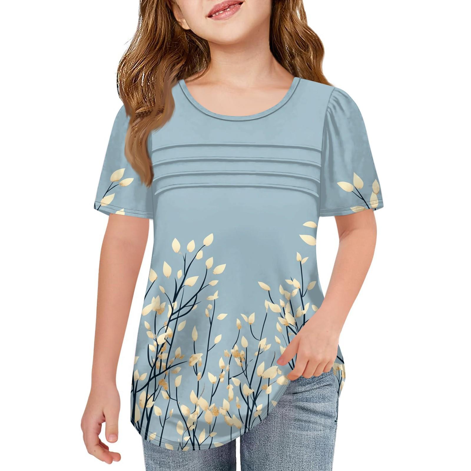 

Детские футболки-складки, летние футболки с короткими рукавами и круглым воротником, с принтом цветов, пальто для отдыха 130