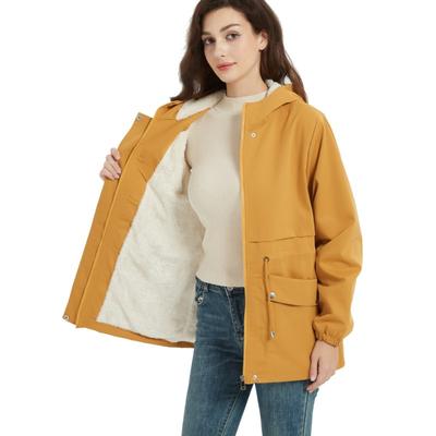 Women Autumn Winter Mid-length Plush Drawstring Waist Casual Hooded Jacket Solid Color Coat