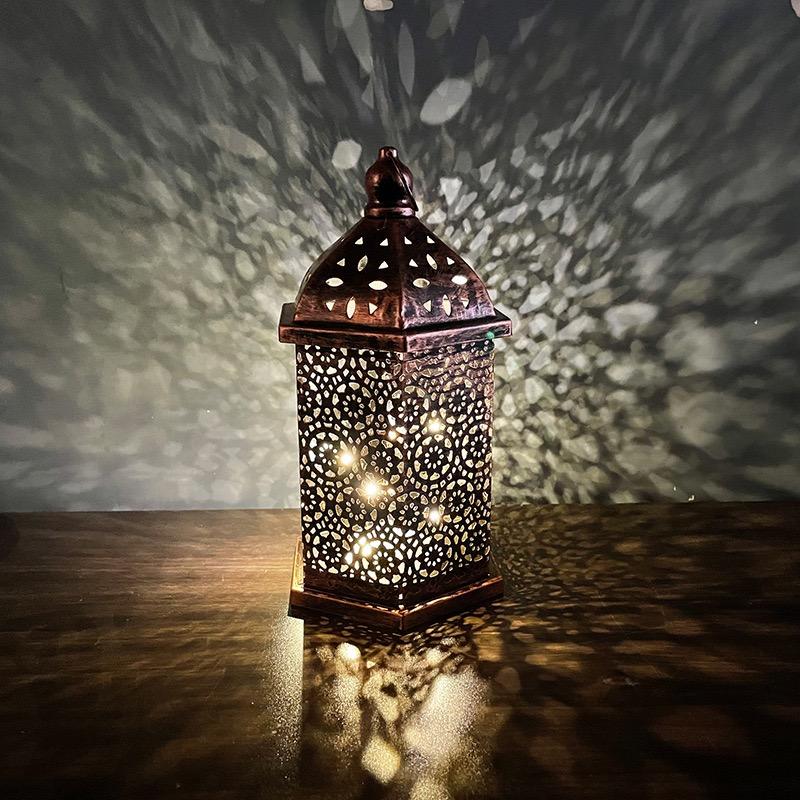 White LED Hollow Out Iron Lantern Vintage Home Decor Bedroom Living Room Ambient Lighting Craft Ornament for Indoor Outdoor Use