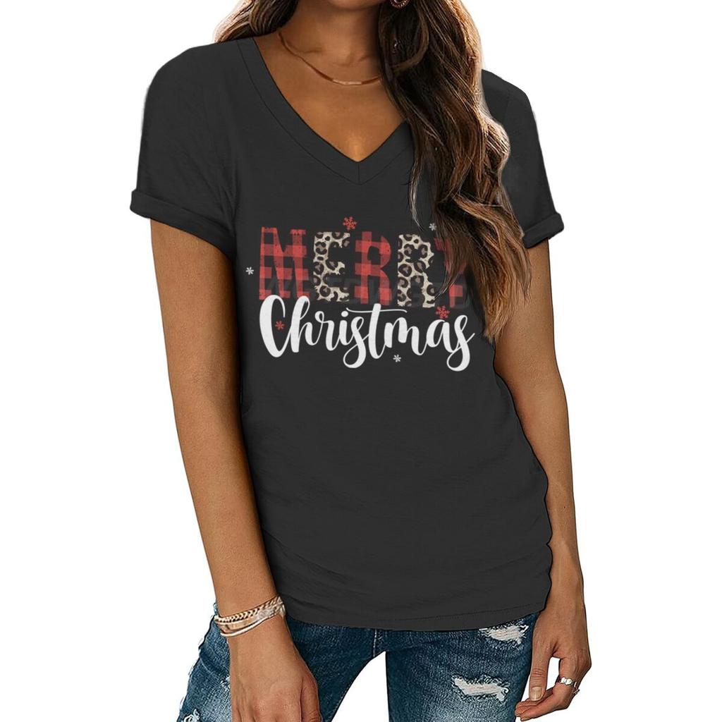 Merry Christmas Leopard Plaid Print Women Tshirts Xmas Holidays Short Sleeve Vneck Tee Christmas Letter Classic Style Tshirts
