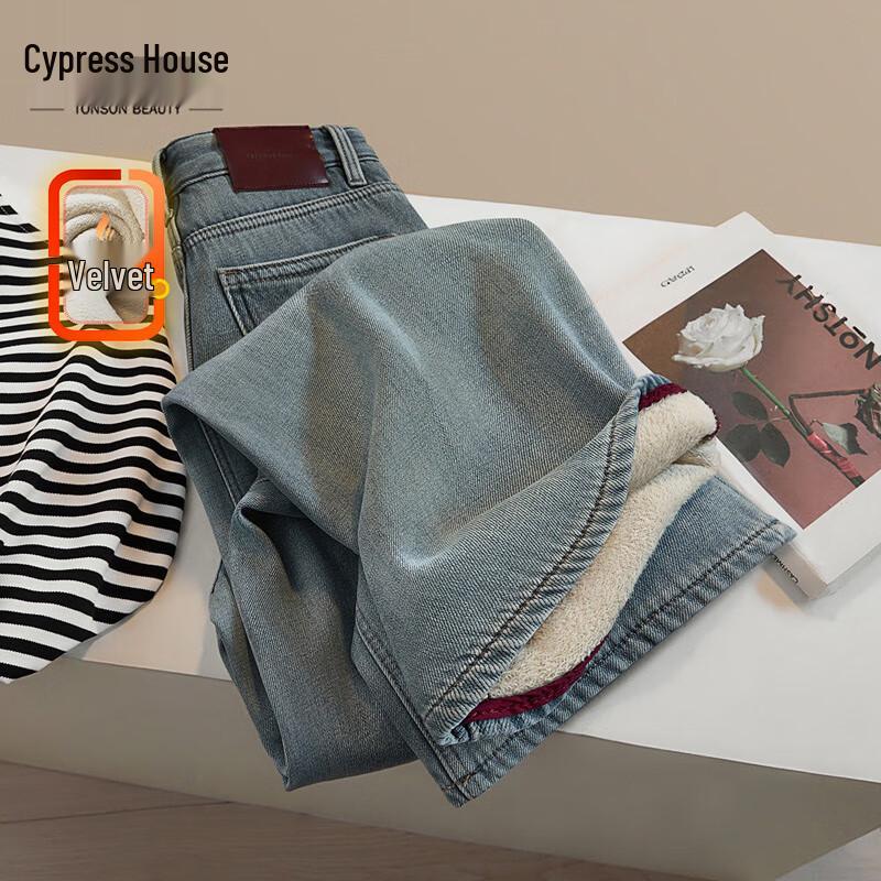 

Women s Korean Style Vintage Washed Plush-Lined Straight-Leg Jeans S