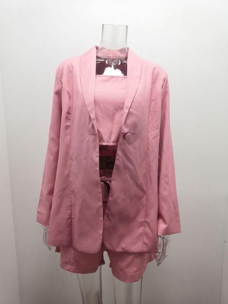 2024 Spring/Summer Women's Solid Color Three-Piece Set: Tank Top, Blazer, High Waist Shorts