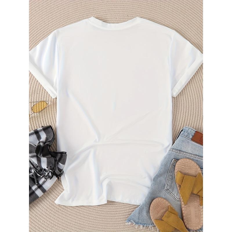 Women'S Casual Crew Neck T-Shirt with Dolly Graphic Print - Short Sleeve, Regular Length, Spring/Summer Top, White with Black Design