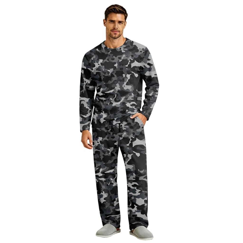 Men's Long Sleeve Pajama Set with Button Crotch and Elastic Drawstring Waist Pants for Home Loungewear