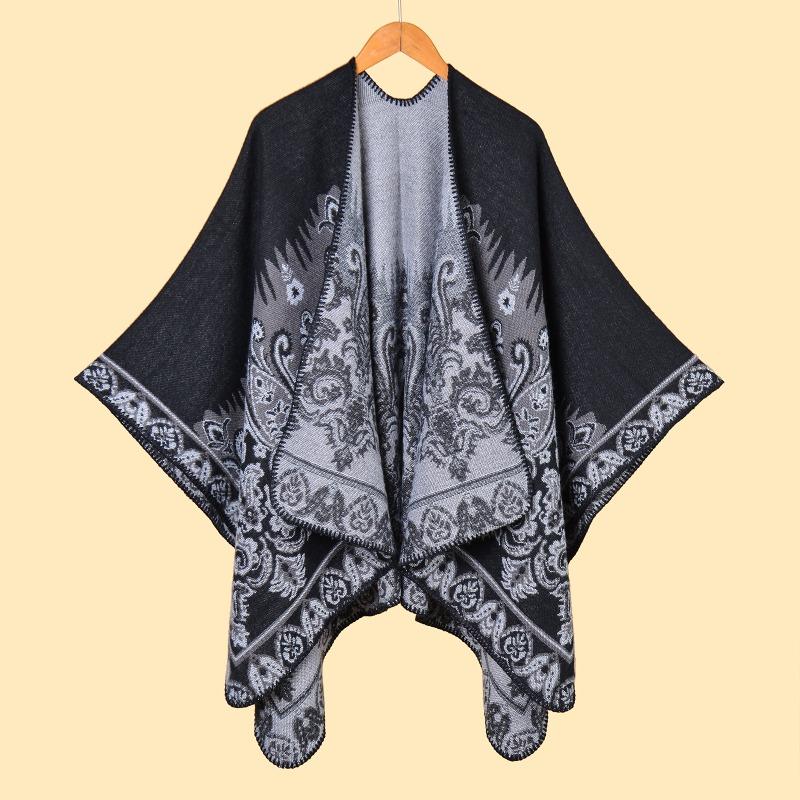 Ladies scarf shawl autumn and winter retro jacquard thickened warm split cloak hwls