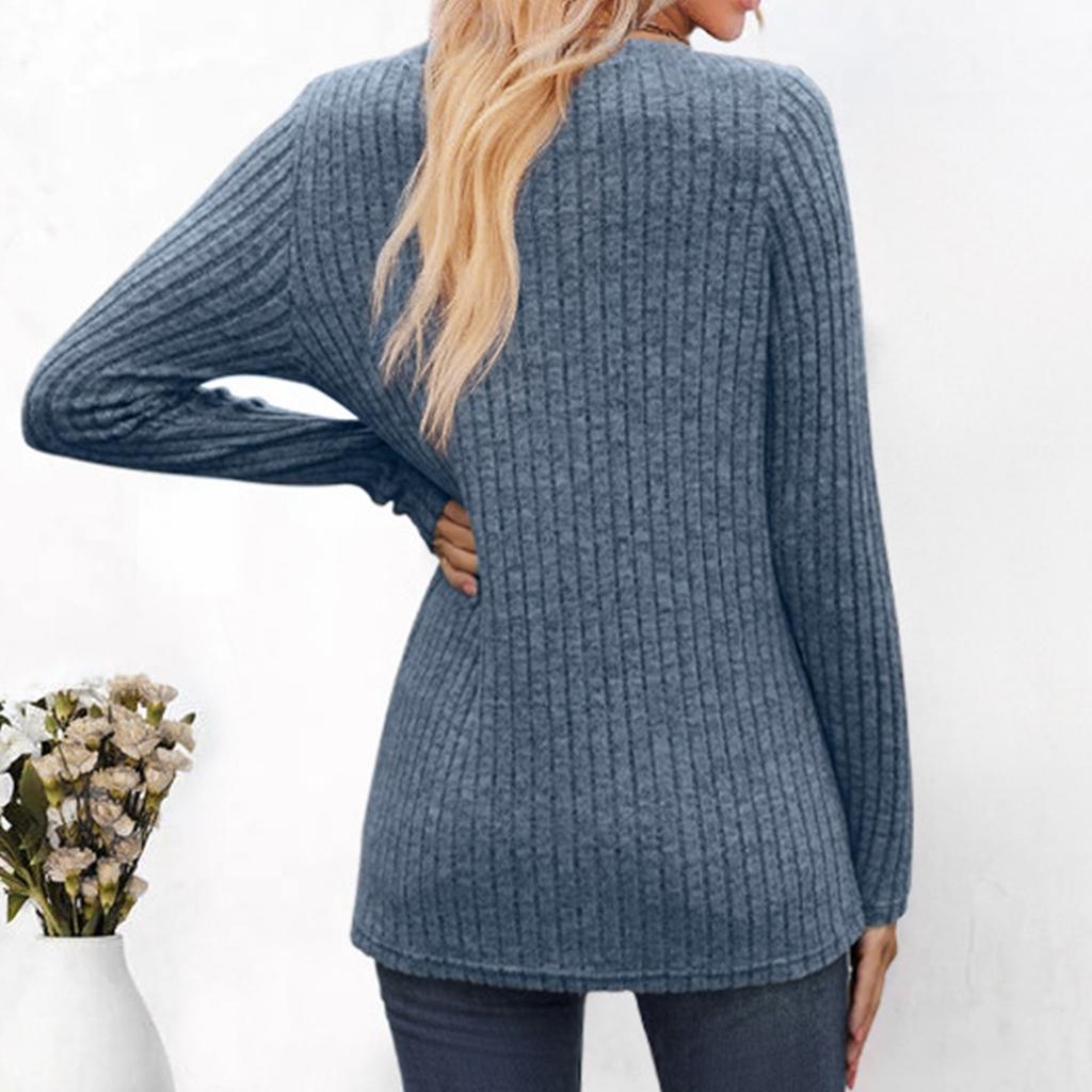 Women's Fashion Solid Color Long Sleeve Button Pullover V Neck Casual Loose Tops