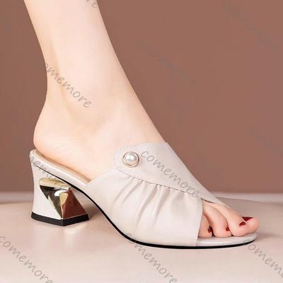 Comemore Women's Summer Shoes New Thick High Heeled Peep Toe Slippers for Women Casual Outside Wear Pearl Mom's Slides