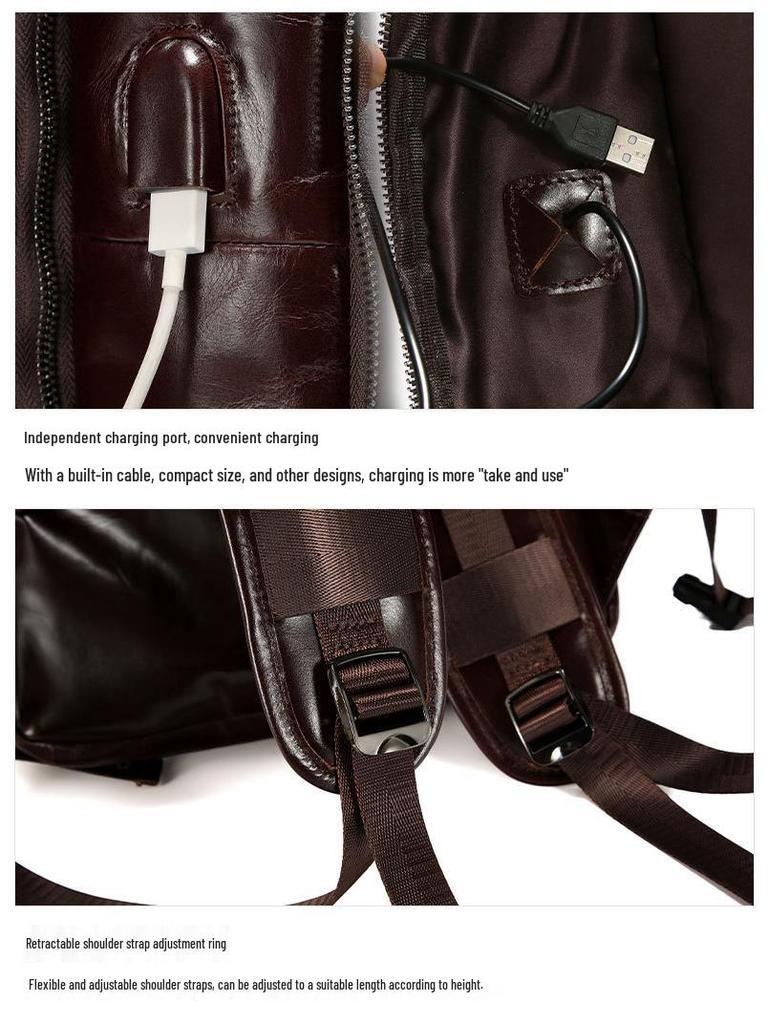 Men's Genuine Leather Expandable Large Capacity Shoulder Backpack for Business Travel