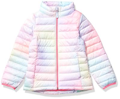 Amazon Essentials Packbare Pufferjacke mit Stehkragen Rosa Größen Mädchen Wasserdicht, Leicht, Kragen, Ombre, 135-145