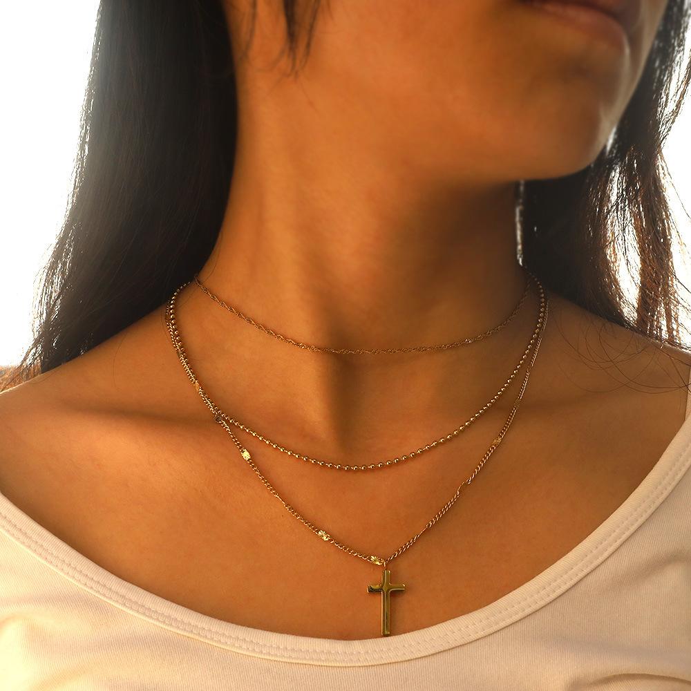 French Retro Three-Layer Chain Stacked Non-Fading Cross Pendant Necklace Collarbone Chain Men'S And Women'S Popular Jewelry