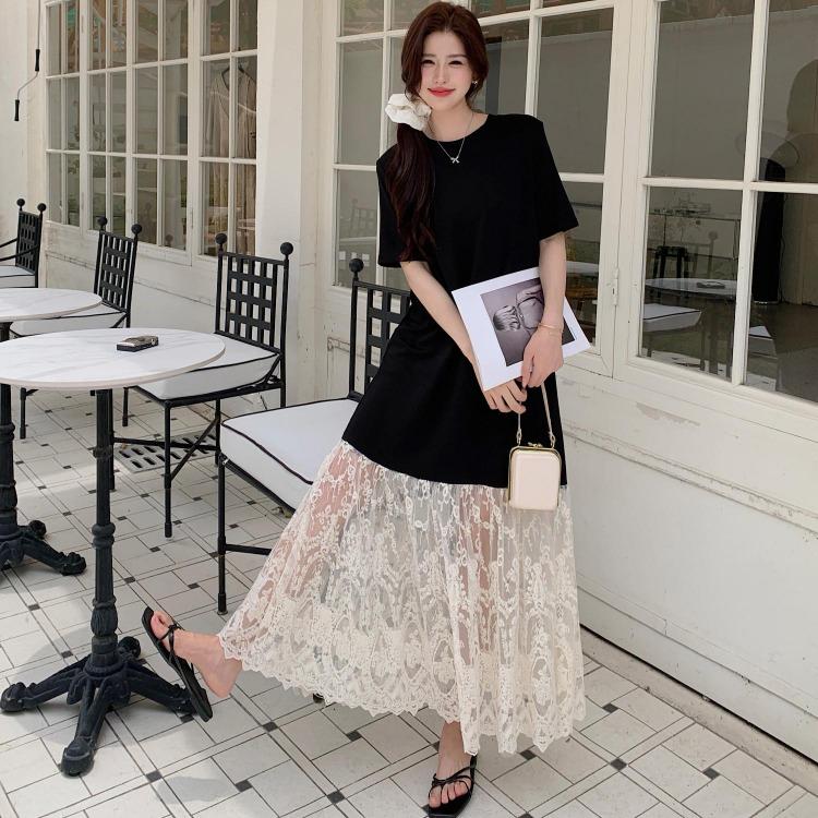 

Vintage Lace Spliced Oversized Long Dress for Women Plus Size Summer Casual Loose Basic Dress L чёрный