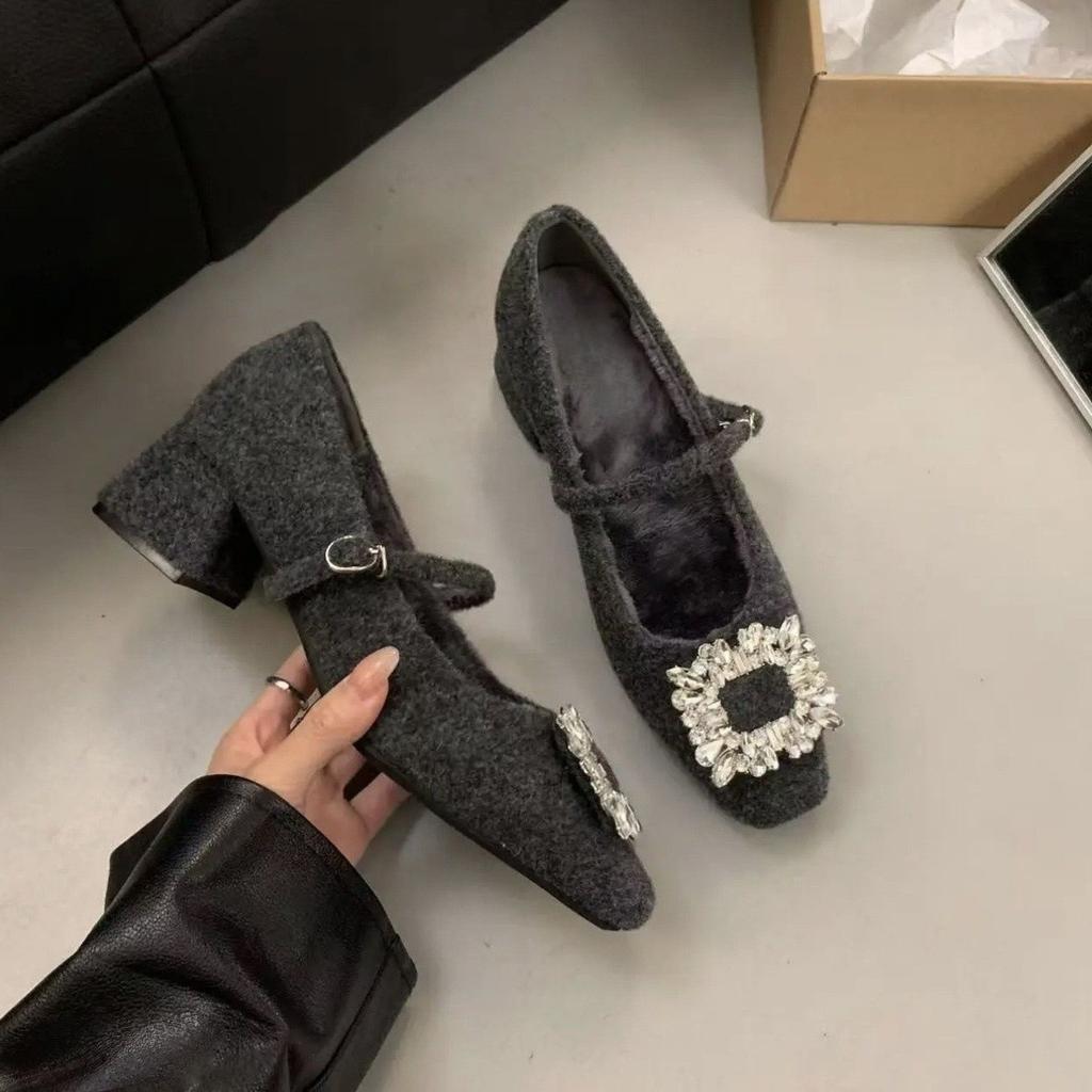 Premium Gray Thick Heel High Heel Square Head Rhinestone Single Shoes Women's Season Velvet Mary Jane Shoes