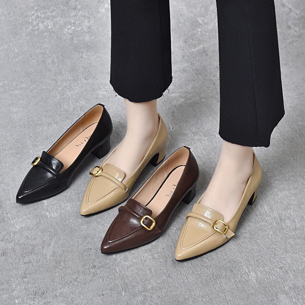 Pointed high heels women's shoes spring new belt buckle small single shoes elegant middle heel work shoes