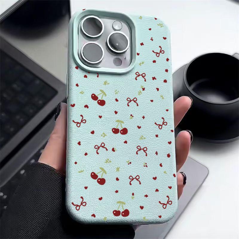 Little Cherry Bowknot Print Soft Matte Case For iPhone 16 Pro Max 15 Pro 14 13 12 11 TPU Leather Texture Shockproof Slim Phone Cover