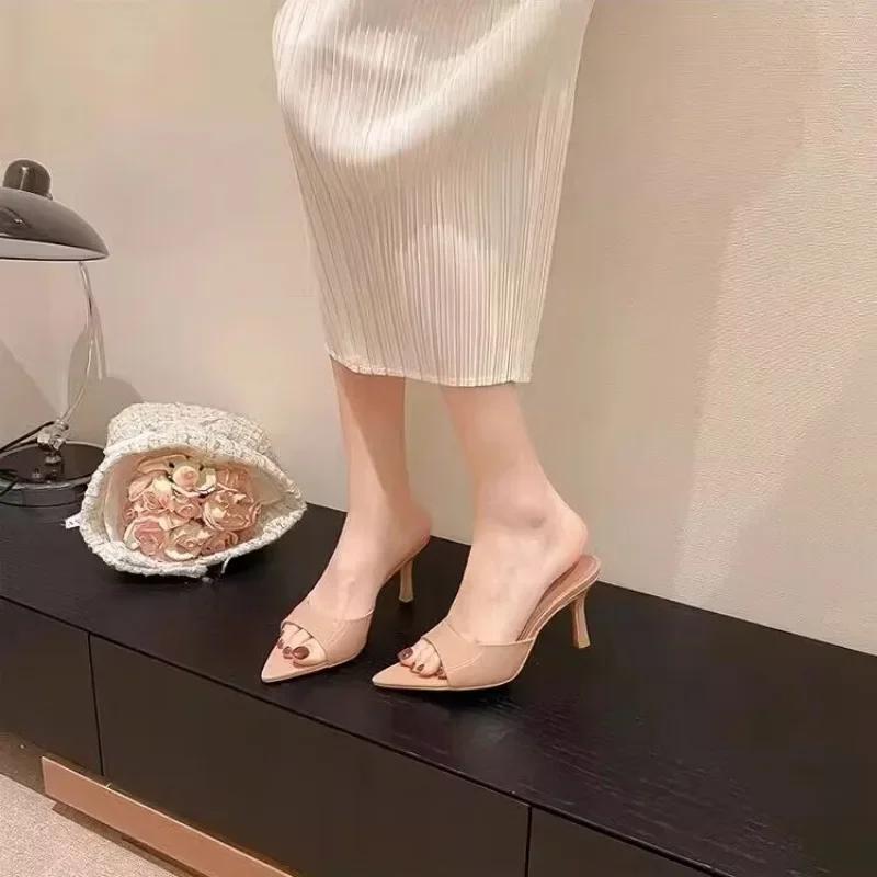 Fashion 2025 High Quality Classics Shoes for Women Fashion Women's Slippers Women Pointed Toe Thin Heels Concise Solid Open Toe Slippers